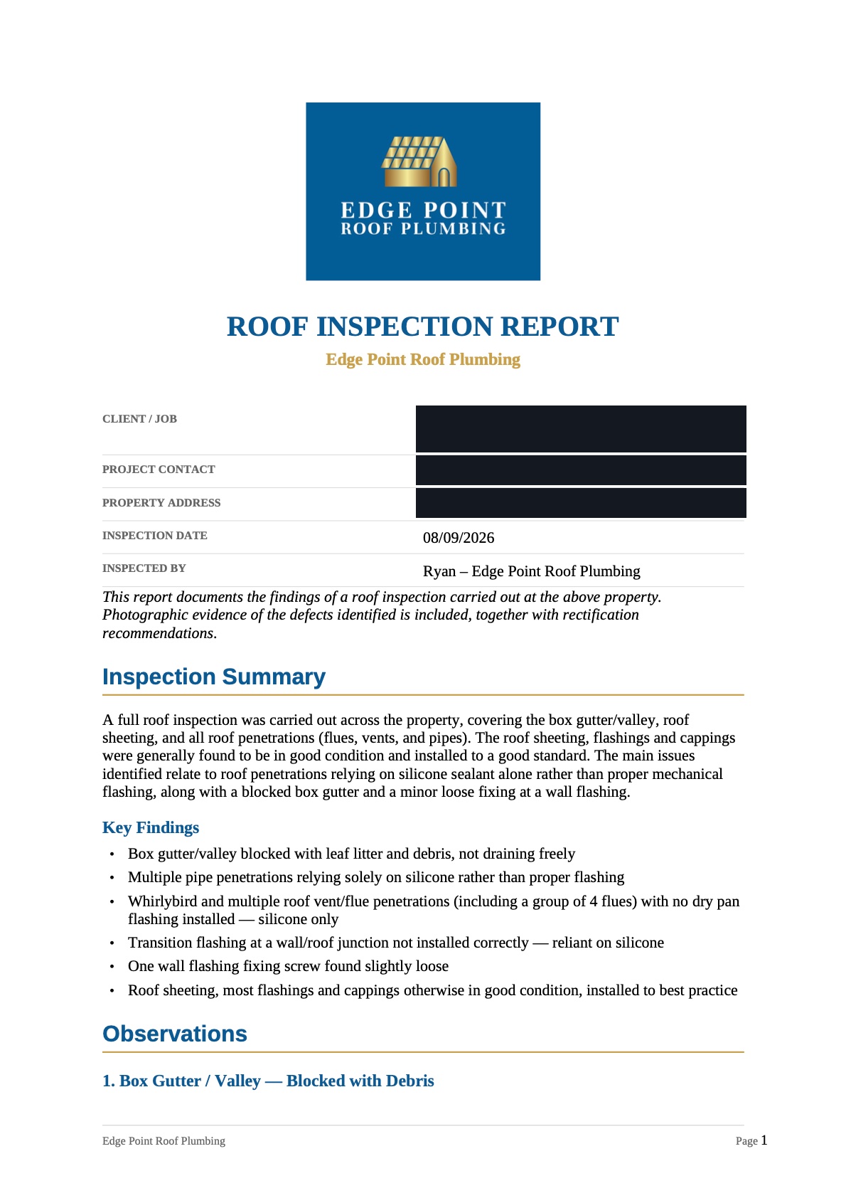 Page 1 of an Edge Point roof inspection report, with an inspection summary and list of key findings