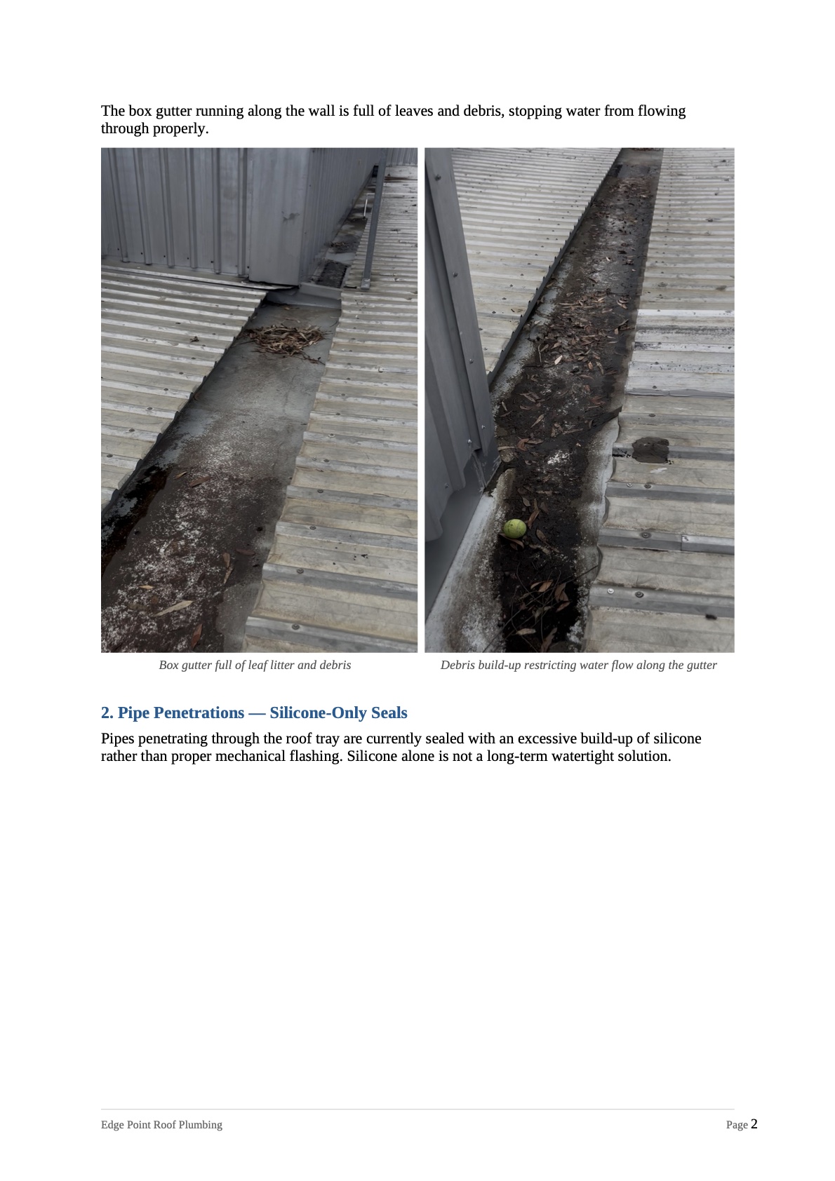 Page 2 of an Edge Point roof report: photos of a box gutter full of leaf litter, with a plain-English explanation